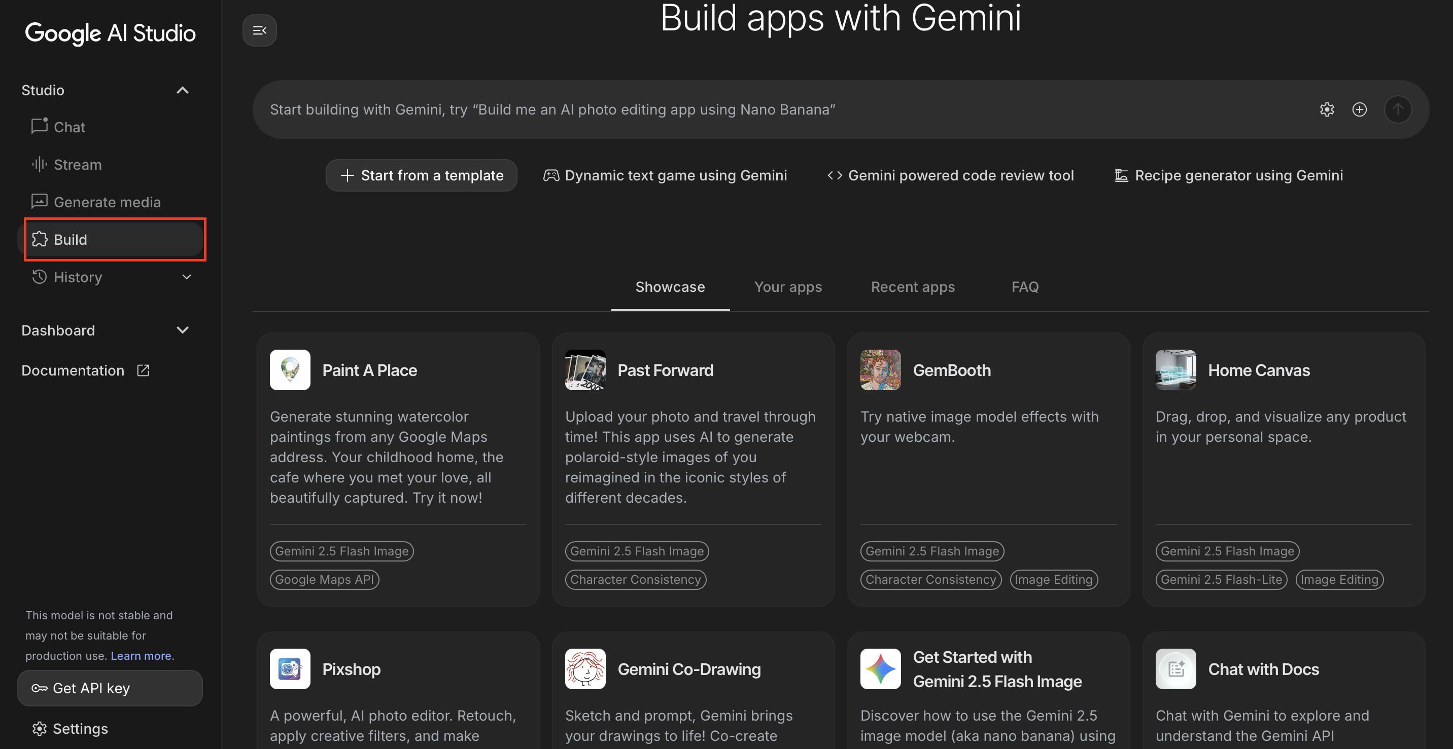 Select Build in the upper left corner AI Studio Build Tab
