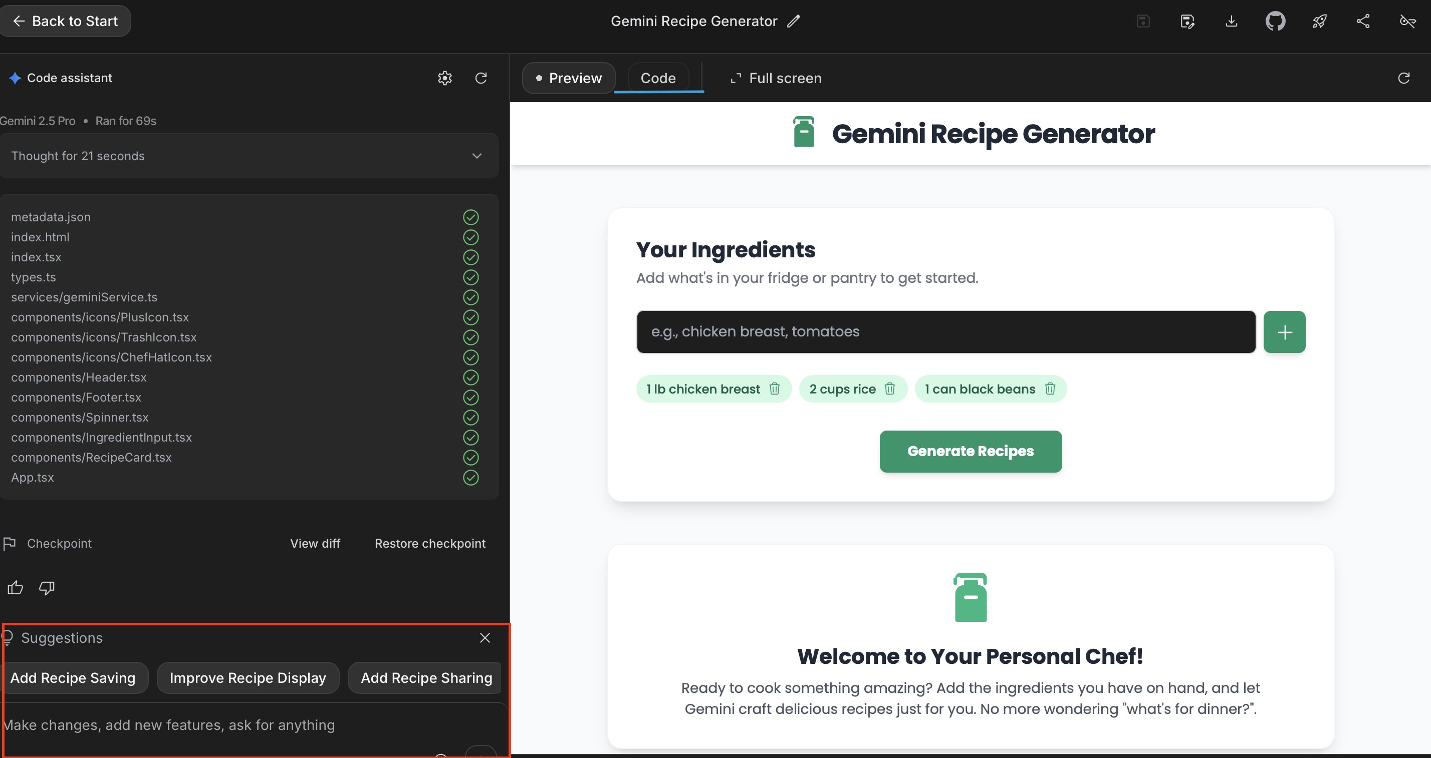 Build mode created a Gemini-powered recipe generator Recipe Generator App
