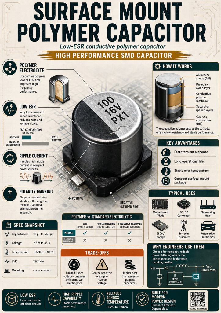 Surface mount polymer capacitor infographic ChatGPT Images 2.0 infographic explaining surface mount polymer capacitors