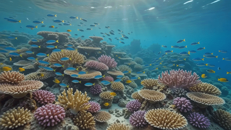 Gemini Omni demo Gemini Omni generated underwater coral reef scene with schools of fish