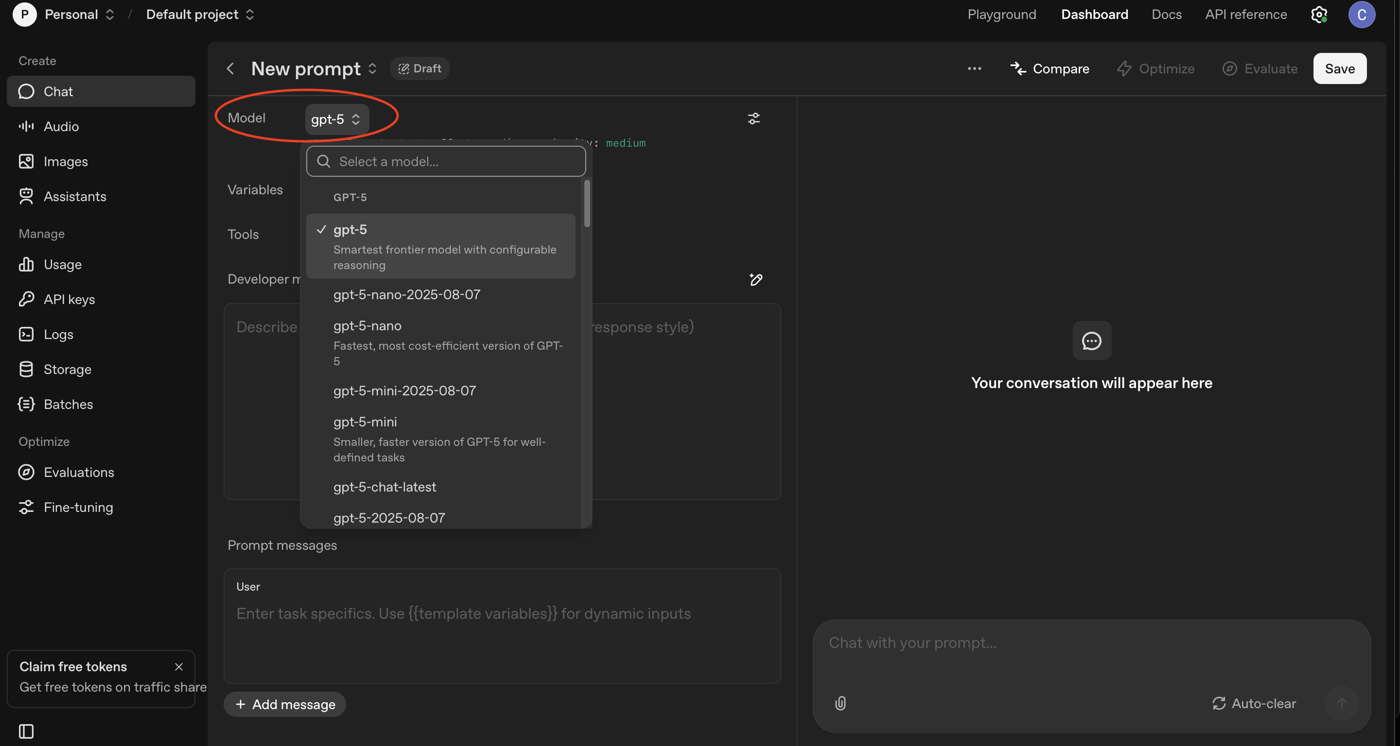 OpenAI Playground Model Selection Interface